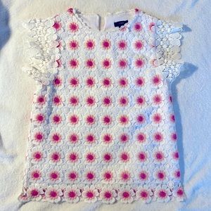 Embroidered pink and white JCrew blouse.